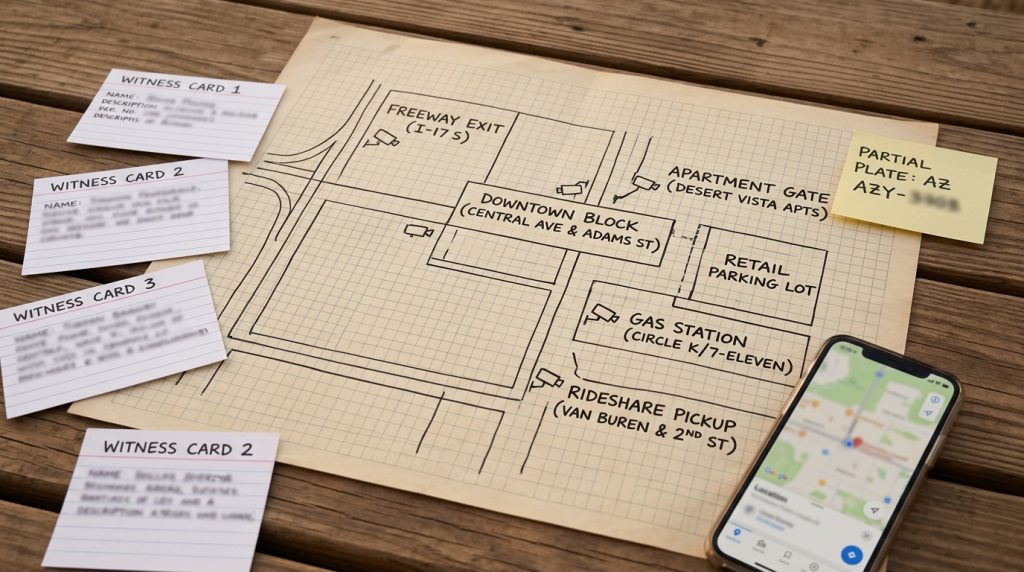 Phoenix hit and run evidence map with freeway downtown apartment parking lot gas station and rideshare camera notes