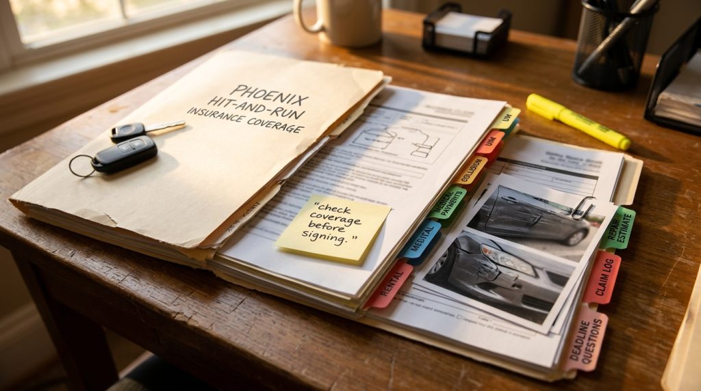 Phoenix hit and run insurance coverage file with UM UIM collision medical payments rental and claim log tabs