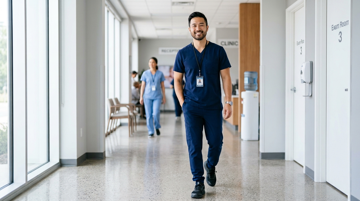 Male healthcare professional wearing well-fitted men’s scrub pants in a clinic hallway