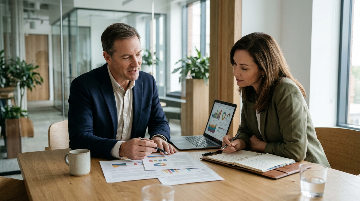 Financial advisor explaining diversified portfolio construction to an adult investor